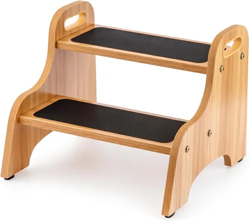StrongTek Taburetes de madera de 2 escalones para niños, superficie antideslizante segura con asas, capacidad de 350 libras, taburete portátil para