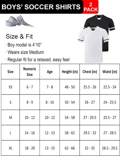 Miniatura 7 de Paquete de 2 camisetas de fútbol para niños jóvenes, camisetas de entrenamiento blancas y negras para niños, camisetas de manga corta de rendimiento