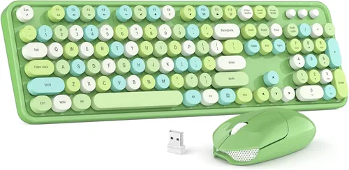 Miniatura 18 de MOWUX - Combo de teclado y mouse inalámbricos, máquina de escribir de tamaño completo, retro, redondo, lindo mouse óptico inalámbrico, Plug and Azul