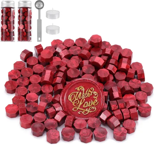 Miniatura 2 de Yoption Cuentas de cera de sellado rojo metálico, kit de 150 cuentas de sello de cera para sello de cera, cuentas de sello de cera octágono con una