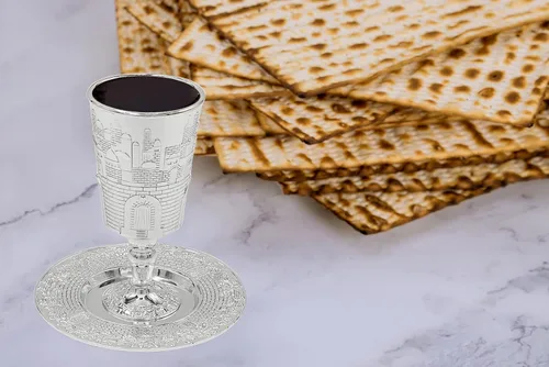 Miniatura 3 de Taza alta de Kidush con diseño de Jerusalén en la pierna, copa chapada en plata de primera calidad, copa de Shabat y Havdalah, Judaica Shabbos