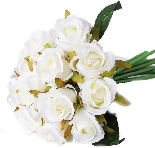 Miniatura 4 de Rosas artificiales, 12 unidades, rosas de terciopelo, flores falsas de tallo largo de tacto real para arreglos florales, decoración de novia, boda