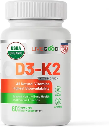 LIVEGOOD Suplemento orgánico D3 K2 de 2000 UI, cápsulas veganas con MK-7, vitamina D3 pura con K2 para el sistema inmunológico y apoyo óseo