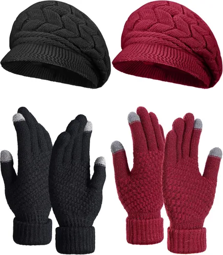 Miniatura 13 de SATINIOR Juego de 4 gorros y guantes de invierno para mujer, gorro de punto cálido, gorro de esquí de nieve con visera y guante para pantalla rojo