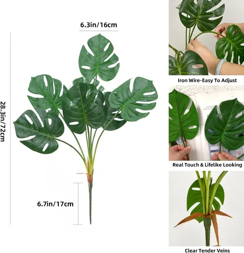 Miniatura 2 de CXGS Hojas de palma de Monstera tropicales artificiales, hojas de tortuga sintética con tallos de plantas de palma falsas de tacto real, hojas Verde