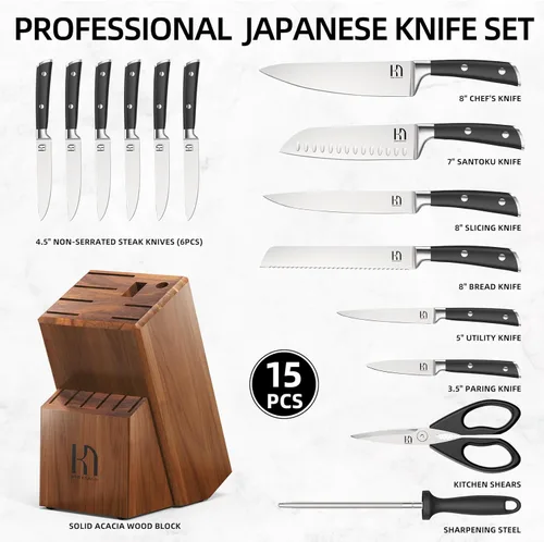 Miniatura 7 de KnifeSaga - Juego de cuchillos, 15 piezas de bloque de cuchillos de cocina con afilador, juego de cuchillos de acero inoxidable de alto carbono