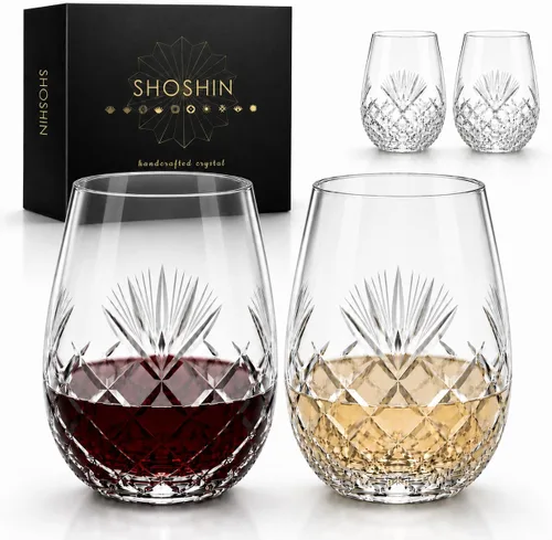 SHOSHIN - Juego de 4 copas de vino sin tallo cortadas a mano, grandes copas de vino de cristal de 18 onzas, vasos de vino para vino tinto y blanco,