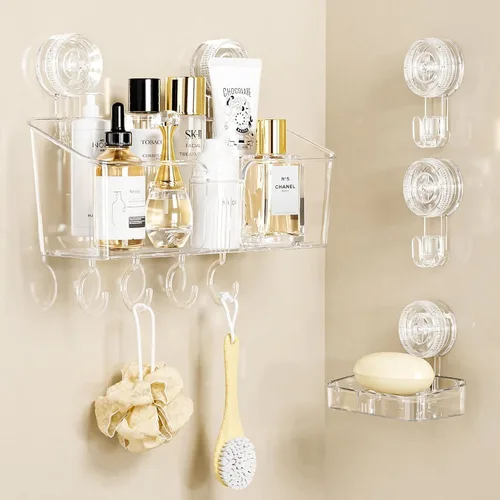 Miniatura 9 de LUXEAR Organizador de ducha con ventosa transparente – organizador de ducha + jabonera+soporte para cepillo de dientes – 1 segundo instalación sin