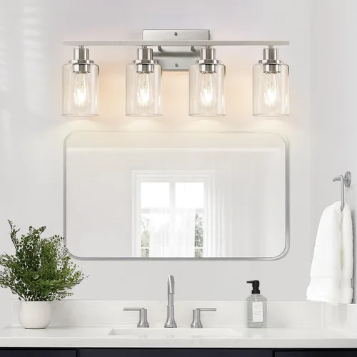 Miniatura 6 de Indoi Lámparas de baño de 4 luces, luces de tocador de níquel cepillado con pantallas de vidrio transparente, moderna lámpara de pared de baño