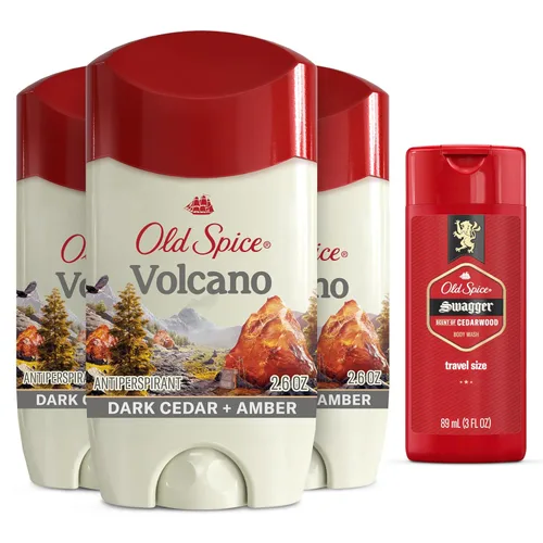 Old Spice Volcán antitranspirante y desodorante para hombre con carbón, 2.6 onzas (paquete de 3) con gel de baño Swagger tamaño viaje