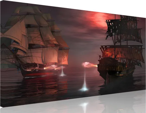 Miniatura 30 de TutuBeer 3 Piezas Arte de Pared Batalla Naval Barco Imagen Barco Pirata Velero Póster Barco Pirata Azul en Llamas Imagen Impresa en Lienzo Póster