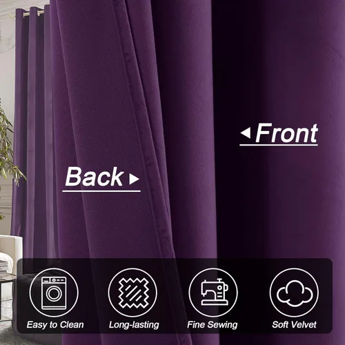 Miniatura 3 de Cortinas opacas de terciopelo morado oscuro de 108 pulgadas de largo, con ojales, para dormitorio, bloqueo de luz, aislamiento térmico, juego de 2