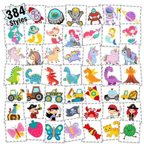 Partywind 384 tatuajes temporales de estilos mixtos para niños, lindas calcomanías de tatuaje como sorpresa de cumpleaños para niños y niñas,