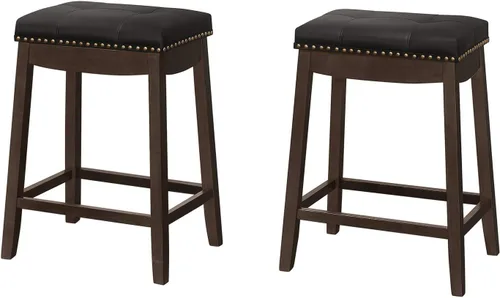 Monarch Specialties I 1261 Taburete de bar, juego de 2, altura de mostrador, asiento de sillín, cocina, madera, aspecto de piel sintética, negro,