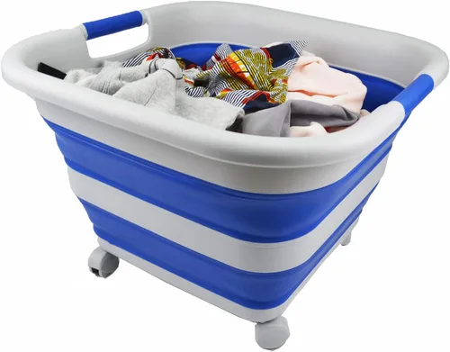 Miniatura 6 de SAMMART Cesta de plástico plegable de 39 L (10.3 galones) con ruedas, contenedor de almacenamiento plegable (1, gris/azul púrpura)