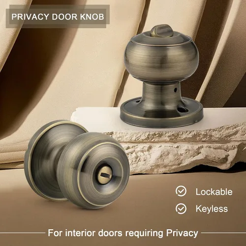 Miniatura 2 de Probrico Paquete de 6 pomos de privacidad para puerta, cerradura interior para dormitorio, baño, manija de puerta de latón antiguo, bola redonda sin