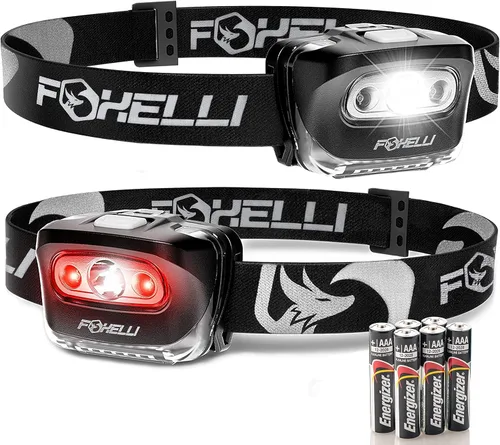 Miniatura 15 de Foxelli Linterna de Cabeza LED para Adultos y Niños, para Correr, Acampar, Hacer Senderismo, Faro de Cabeza con Luz Blanca y Roja, Diadema Cómoda