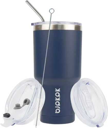 Miniatura 4 de BJPKPK - Vaso de 30 onzas con tapa y pajilla, de acero inoxidable con aislamiento de doble pared al vacío, color azul marino A-Azul Marino-30oz