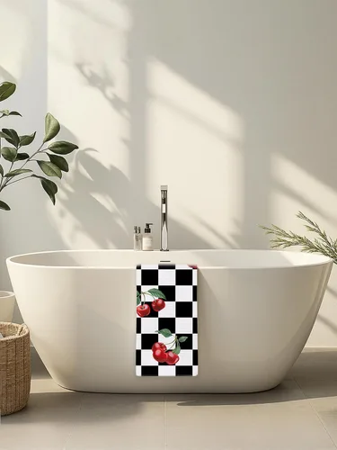 Miniatura 4 de Toallas de mano de cereza para cocina y baño – Toallas de té decorativas retro a cuadros en blanco y negro, accesorios de decoración de cocina