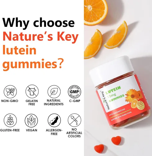Miniatura 7 de Nature's Key Gomitas de luteína de 12 mg con zeaxantina y vitamina A para niños y adultos Suplemento de salud ocular y función cerebral Sabor a