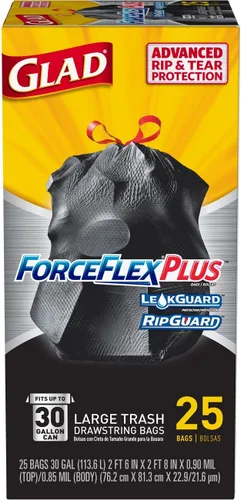 Miniatura 2 de Glad Bolsas de basura grandes con cordón ForceFlexPlus de 30 galones, bolsa de basura negra, 25 unidades cada una (paquete de 6)