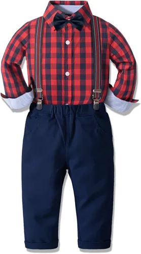 Miniatura 2 de Yilaku Ropa de vestir para niño, conjunto de traje formal con corbatín y pantalones de tirantes, trajes de niño para niño pequeño, trajes