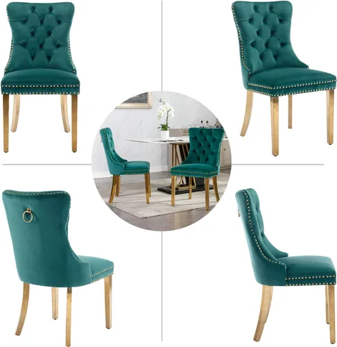 Miniatura 7 de Juego de 4 sillas de comedor de terciopelo, sillas de comedor tapizadas con anillo trasero y patas de acero inoxidable doradas, silla de comedor