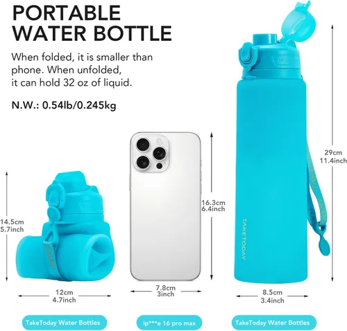 Miniatura 3 de TakeToday Botellas de agua plegables de 32 onzas, botella de agua plegable de viaje, sin BPA, botella de agua de silicona a prueba de fugas