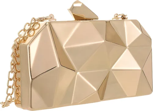 Miniatura 4 de QZUnique Bolso de mano de metal de celosía, bolso de noche geométrico abstracto con cadena de corte de piedra para mujer