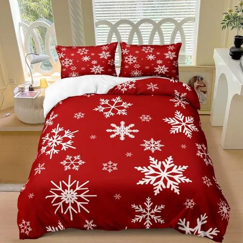 Miniatura 7 de Juego de ropa de cama de Navidad con funda de edredón de copos de nieve, color blanco y rojo, con estampado navideño, juego de ropa de cama festiva