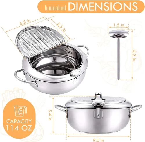 Miniatura 4 de cuomaop Kitchen Master Bundle: freidora de acero inoxidable de 9.4 pulgadas con medidor de temperatura + alfombrilla de secado de diatomita plegable