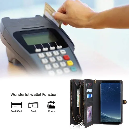 Miniatura 6 de Asuwish Funda de teléfono para Samsung Galaxy S8 con cremallera, funda desmontable con protector de pantalla de vidrio templado y soporte de cuero