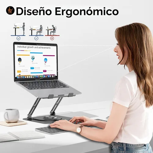 Miniatura 7 de JOYEKY Soporte para computadora portátil para escritorio, soporte de computadora ajustable con base giratoria de 360°, elevador ergonómico para Gris