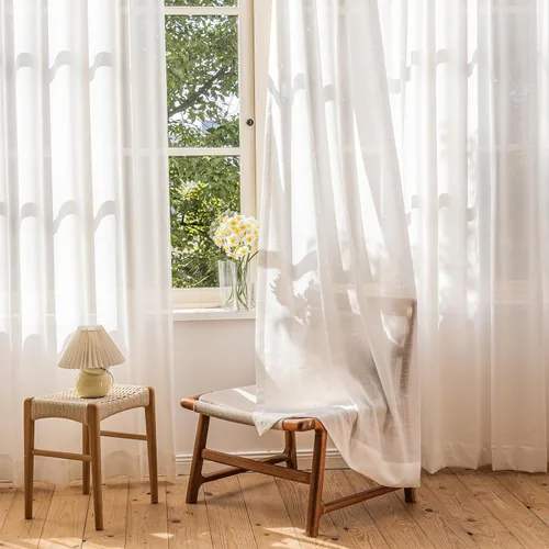 Miniatura 4 de Cortinas traslúcidas con textura de lino blanco de 54 pulgadas de largo, juego de 2 paneles de cortinas semitransparentes para sala de estar