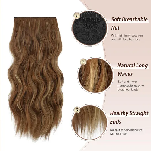 Miniatura 3 de FESHFEN Extensiones de cabello con clip - 4 piezas Extensiones de cabello sintético ondulado largo y grueso con clip para cabeza completa