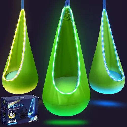 Miniatura 11 de Asiento de columpio colgante para niños con luz, columpio colgante mejorado para niños con luces LED, silla de columpio colgante sensorial