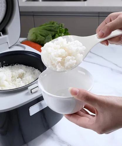 Miniatura 6 de Juego de 2 utensilios de cocina de plástico, cuchara antiadherente para servir y espátula resistente al calor para granos, 7.87 pulgadas (blanco)