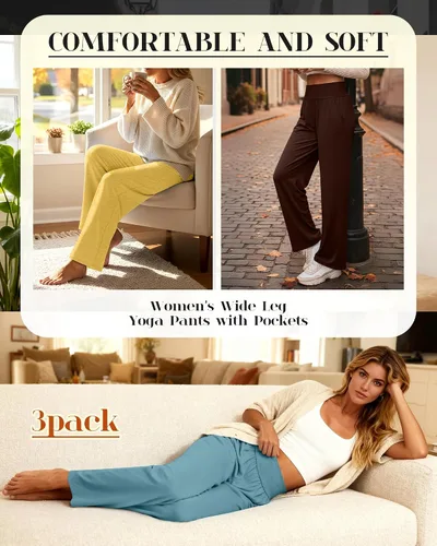 Miniatura 119 de Neer - Conjunto de 3 pantalones de yoga de pierna ancha para mujer - Pantalones deportivos cómodos, holgados, de cintura alta y casuales