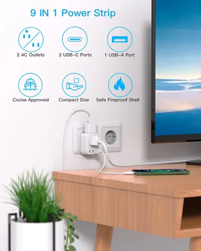 Miniatura 2 de Adaptador de enchufe de viaje europeo USB C, adaptador de enchufe internacional HANYCONY de EE. UU. a Europa, enchufe de 2 tomas, 3 puertos USB