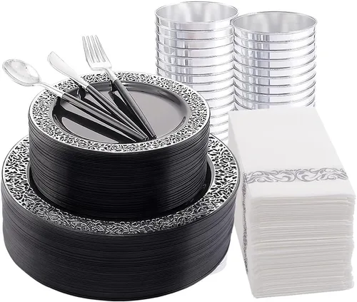 LIYH 350 platos de plástico negro y plateado, juego de vajilla de plástico plateado, cubiertos desechables, platos negros con servilletas,
