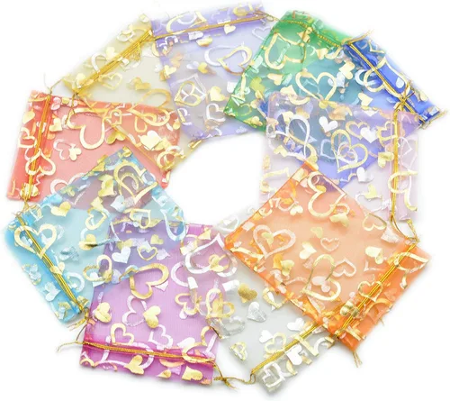 Miniatura 9 de YYaaloa 100 mini bolsas de organza mixta de corazón traslúcido de 2.7 x 3.5 pulgadas, con cordón elegante, bolsas de belleza para regalo, bolsas