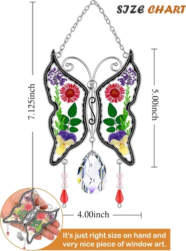 Miniatura 6 de KY&BOSAM - Atrapasoles de mariposa para mamá, regalos de cristal para ventanas, carillón de viento con alas de flores prensadas auténticas con dije