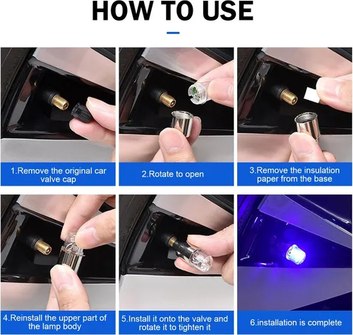 Miniatura 3 de 4 PCS Luces LED para Tapas de Vástago de Válvula de Neumático, Flash Giratorio con Visibilidad de 360 Grados, Luces de Rueda Impermeables para Azul