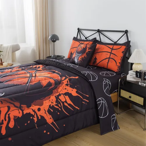 Miniatura 5 de Juego de edredón de 6 piezas con diseño de baloncesto, ropa de cama negra tamaño individual para niños, adolescentes y adultos, con pelotas