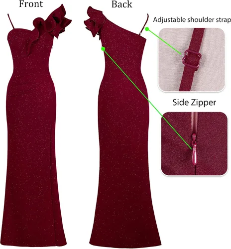 Miniatura 5 de VFSHOW Vestido largo con volantes y tirantes para mujer, fruncido, formal, para graduación, boda, cuello en V, elegante, dividido, cóctel, noche