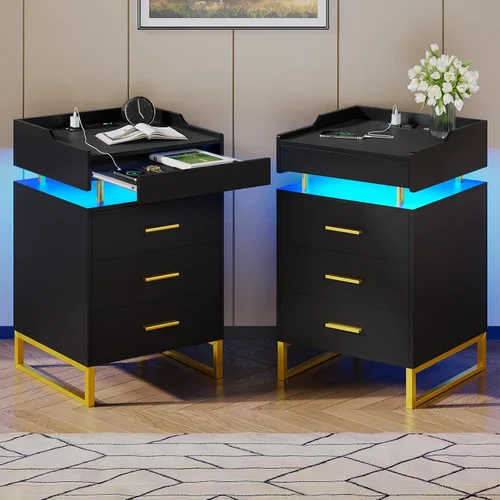 Miniatura 10 de BTHFST Mesita de noche LED con estación de carga, mesita grande con 3 cajones y 1 bandeja extraíble, mesa de noche moderna con luces LED, mesa