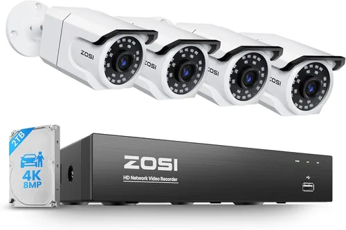 ZOSI 4K PoE Sistema de cámaras de seguridad, 4 piezas 8MP Cámaras Bullet para interior y exterior con detección de personas y vehículos, conteo de
