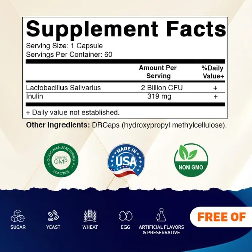 Miniatura 2 de Vitamatic Lactobacillus Salivarius 2 mil millones por cápsula DR - 60 unidades - Soporte digestivo - Fabricado con fibra prebiótica de inulina