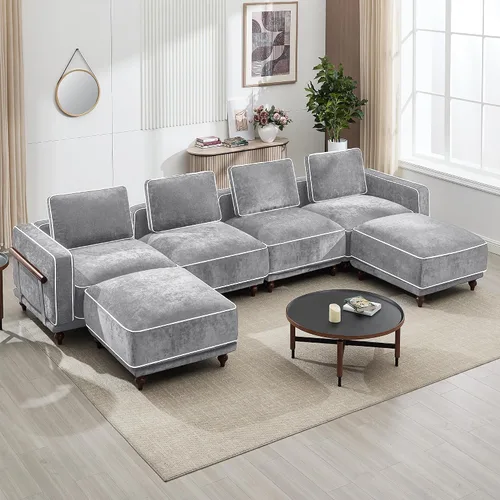 Miniatura 9 de Otomano cuadrado de 35'' para sofá seccional modular, otomanos tapizados y móviles con reposapiés para sala de estar, dormitorio, chenilla blanca