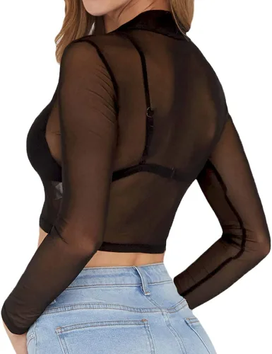 Miniatura 4 de MANGOPOP Women's Short Sleeve Long Sleeve Sheer Mesh Crop Tops Tee Shirt Blouse